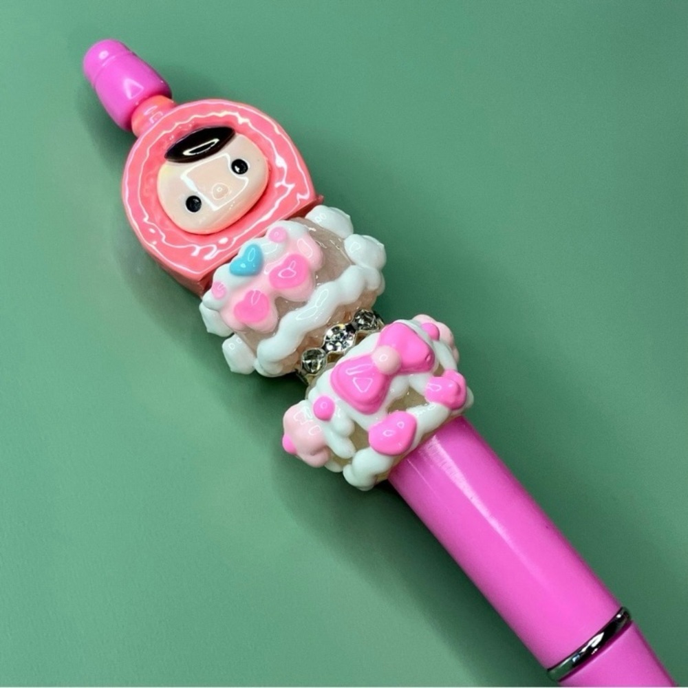 Hand Crafted Pink Novelty Doll Beaded Pen